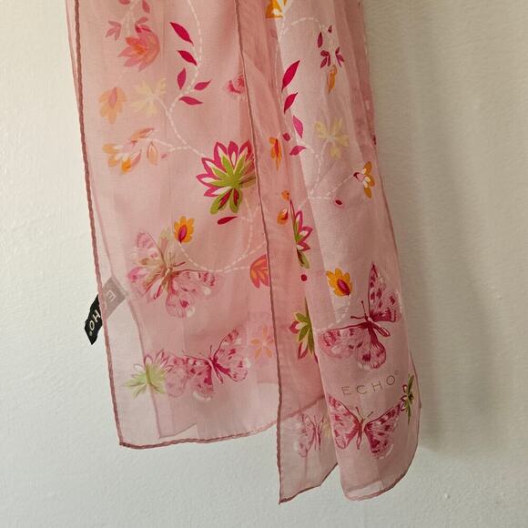 Vintage Y2K Echo Silk Scarf Pink Butterfly‎ Floral Print Hair Wrap Purse Accent - Picture 5 of 11